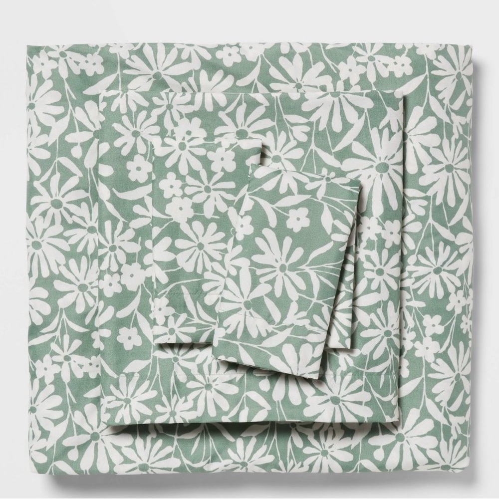 💚🤍NWT ROOM ESSENTIALS Twin/Twin XL Microfiber Sheet Set Green Floral 3-Piece Set